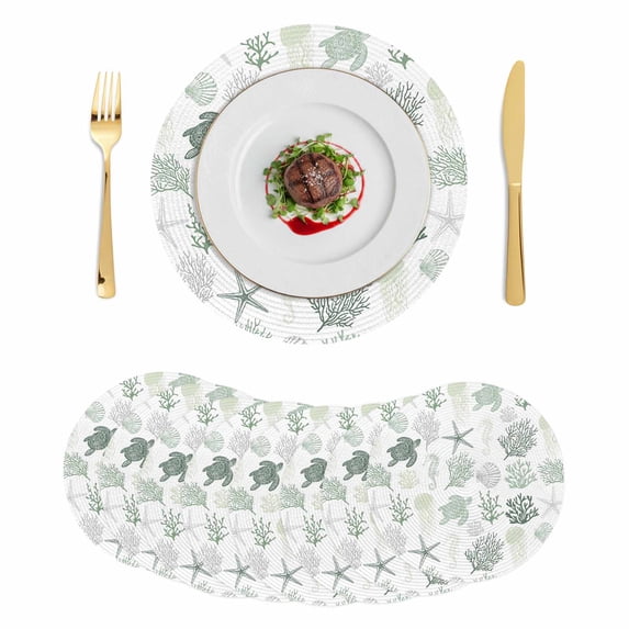 Sage Green Coastal Round Placemats Set of 8,Braided Polypropylene Place Mats,Nautical Summer Beach Coral Sea Turtle Washable Table Mats for Kitchen Dinner Holiday Wedding Party Coffee Table Decor 15"