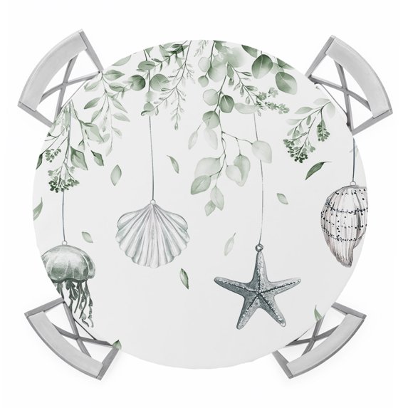 Sage Green Coastal Round Tablecloth for 36-44 Inch Tables,Fitted Table Cover with Elastic Edge,Summer Eucalyptus Leaves Beach Ocean Starfish Conch Waterproof Outdoor Table Cloth Protector for Dinner