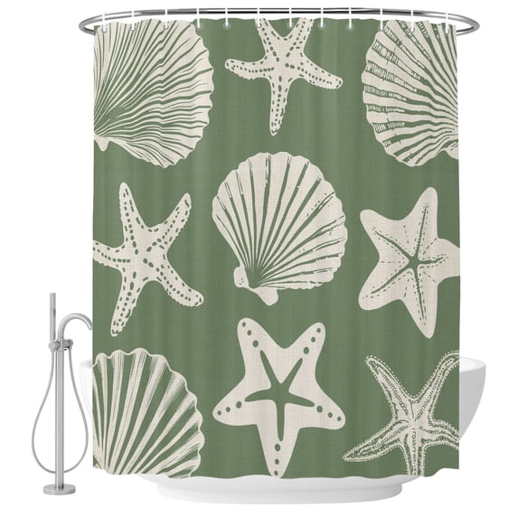 Sage Green Coastal Shower Curtain for Bathroom, Starfish Shell Ocean Nautical Waterproof Cloth Fabric Bathroom Accessories Set with 9 Rust Proof Plastic Hooks, 36"x72"