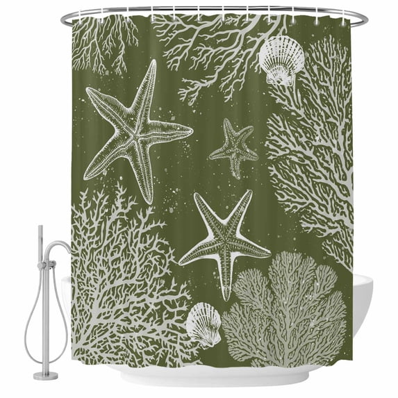 Sage Green Coastal Shower Curtain Set - 72" x 78" Washable Bathtub Curtain with 12 Hooks, Starfish Coral Summer Beach Ocean Waterproof Fabric Stall Shower Curtains for Bathroom/Bathtub Décor