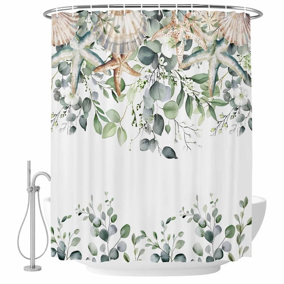 Sage Green Coastal Shower Curtain Set - Long 72" x 84" Washable Bathtub Curtain with 12 Hooks, Spring Eucalyptus Leaves Waterproof Fabric Stall Shower Curtains for Bathroom/Bathtub Décor