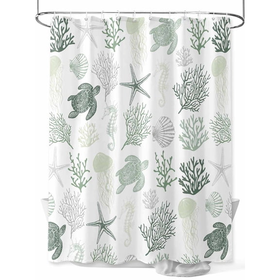 Sage Green Coastal Shower Curtain Set, Waterproof Shower Curtains for Bathroom, Nautical Summer Beach Coral Sea Turtle Washable Fabric Cloth Bath Curtain for Bathtub with Hooks 72x78 Inches