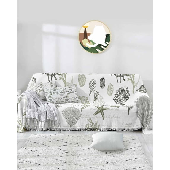 Sage Green Coastal Sofa Couch Covers for 3 Cushion Couch,Washable L Shape Sectional Sofa Covers for Loverseat/Pet,Ocean Starfish Coral Nautical Shell Couch Slipcover Throw Blanket Futon Cover 71x134