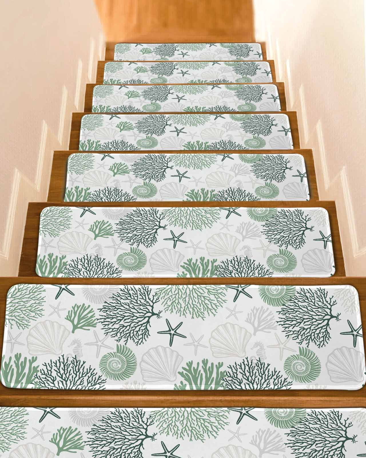 Sage Green Coastal Stair Treads for Wooden Steps Indoor Runner Rug ...