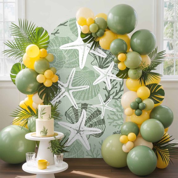 Sage Green Coastal Starfish Arch Backdrop Cover, 4FT, Sea Shell Coral Summer Beach Spandex Arch Covers Double-Sided Backdrop for Wedding Birthday Party Photo Background Decoration