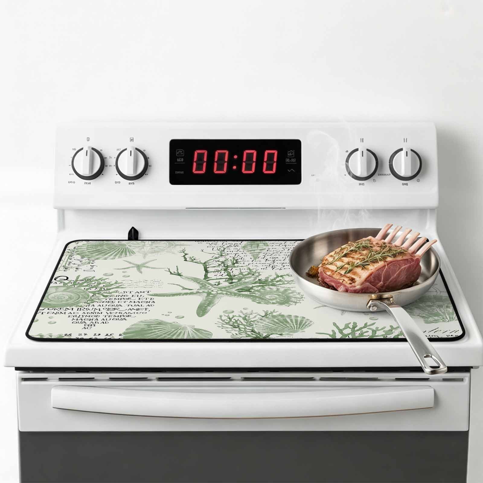 Sage Green Coastal Stove Top Cover for Electric Stove, Heat-proof & Non Slip Glass Top Stove Cover Protector, Coral Starfish Nautical Compass Kitchen Flat Cooktop Rubber Mat 24x21 Inches