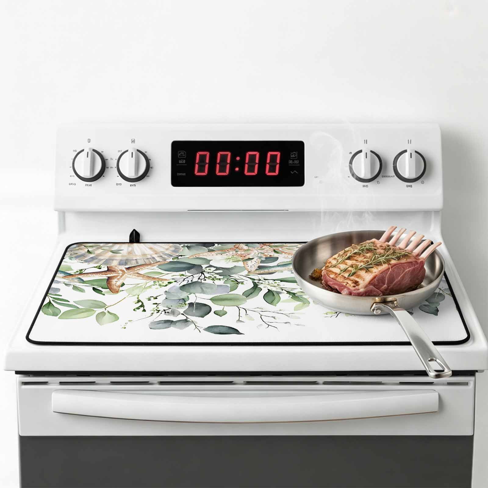 Sage Green Coastal Stove Top Cover for Electric Stove, Heat-proof & Non Slip Glass Top Stove Cover Protector, Spring Eucalyptus Leaves Kitchen Flat Cooktop Rubber Mat 24x21 Inches