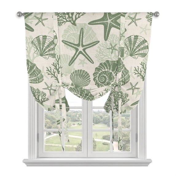 Sage Green Coastal Summer Tie Up Curtains for Small Windows,Adjustable Rod Pocket Valance 45 Inch Short, Coral Shell Starfish Vintage Window Treatment Balloon Roman Blind Shade, 34" x 45"