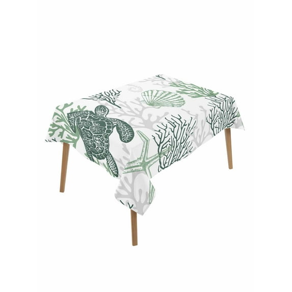 Sage Green Coastal Table Cloth, Sea Turtle Nautical Coral Summer Beach Waterproof Tablecloth for Rectangle Tables, Reusable Washable Fabric Table Cover for Restaurant Kitchen Dining Tables 60"x84"