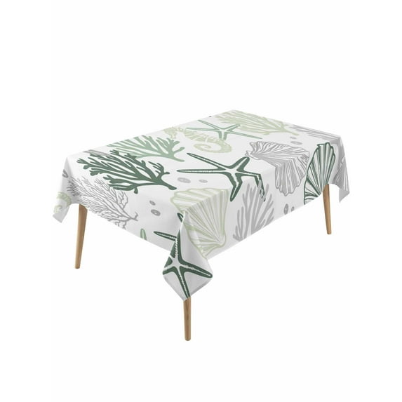 Sage Green Coastal Table Cloth, Summer Beach Starfish Coral Nautical Waterproof Tablecloth for Rectangle Tables, Reusable Washable Fabric Table Cover for Restaurant Kitchen Dining Tables 60"x120"