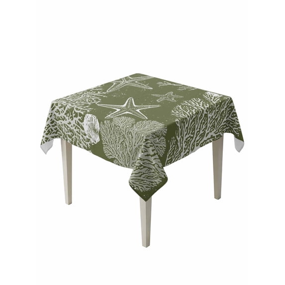 Sage Green Coastal Table Cloth, Waterproof Tablecloth for Square Tables, Starfish Coral Summer Beach Ocean Reusable Washable Fabric Table Cover for Restaurant Kitchen Dining Tables 60"x60"