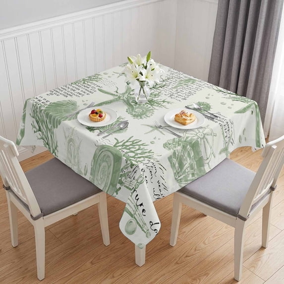 Sage Green Coastal Table Cloth Waterproof Tablecloths, Coral Starfish Nautical Compass Tablecloth Dining Table Cover for Kitchen Party Tabletop Outdoor, Square Tablecloth 54x54 Inch