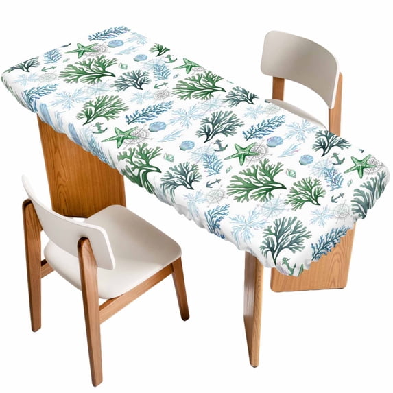 Sage Green Coastal Table Cloths for 8 Foot Rectangle Tables, Coral Starfish Seaside Summer Beach Patio Waterproof Elastic Fitted Tablecloths, Washable Rectangular Table Cover for Camping