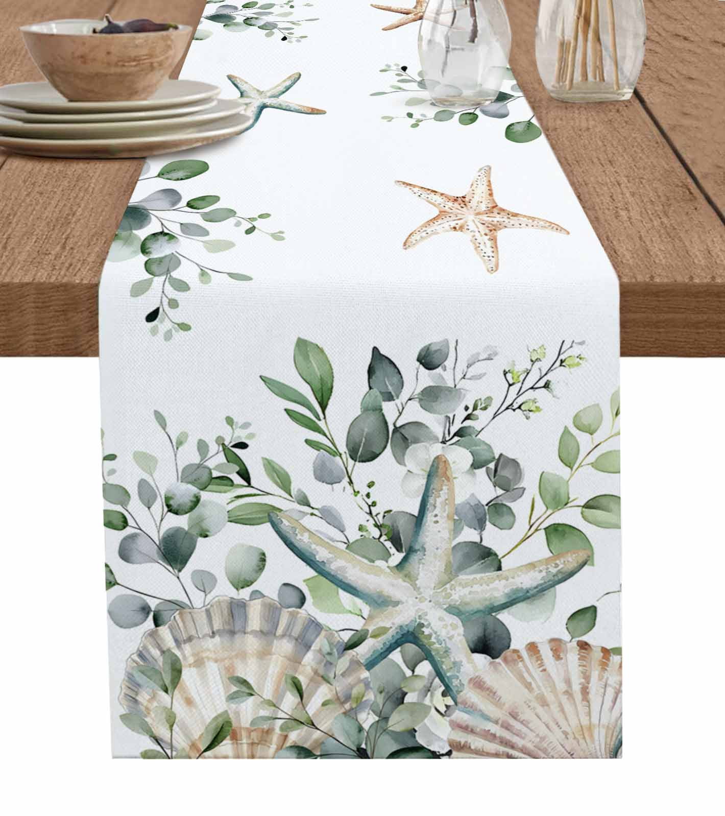Sage Green Coastal Table Runner 120 Inches, Spring Eucalyptus Leaves Bed Runner Dresser Scarves Tabletop for Indoor Outdoor Parties/Ceremony/Banquet, 13"x 120"