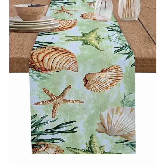 Sage Green Coastal Table Runner 36 Inches, Summer Ocean Starfish Shell Bed Runner Dresser Scarves Tabletop for Indoor Outdoor Parties/Ceremony/Banquet, 13"x 36"
