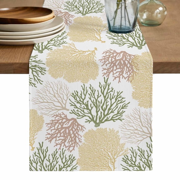 Sage Green Coastal Table Runner, Coral Ocean Marine Modern Sea Washable Cotton Linen Table Runners 36 Inches Long, Dresser Scarf Runner for Nightstand/End Tables/Round Tables 13''x36''