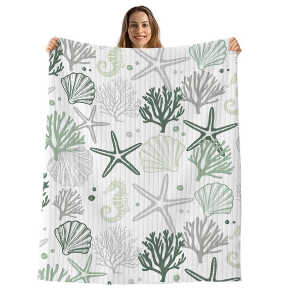 Sage Green Coastal Throw Blanket, Flannel Fleece Blanket with Striped Design for Couch, Summer Beach Starfish Coral Nautical Soft Breathable All Season Plush Blankets for Sofa Office Chair 30"x40"