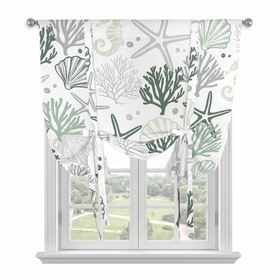 Sage Green Coastal Tie Up Curtains for Small Windows,Adjustable Rod Pocket Valance 45 Inch Short, Summer Beach Starfish Coral Nautical Window Treatment Balloon Roman Blind Shade, 34" x 45"