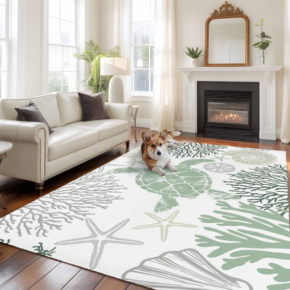 Sage Green Coastal Turtle Area Rug 5x7 FT, Non Slip Bedroom Throw Carpet, Ocean Coral Nautical Washable Soft Floor Carpet Non-Shedding Rug for Dining Room Bedside Classroom Desk