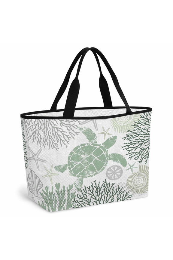 Sage Green Coastal Turtle Beach Bag for Women, Large Breathable Mesh Beach Tote Bag, Ocean Coral Nautical Sandproof Lightweight Travel Bags for Vacation Picnic Swimming Pool 15.7"x15.7"x9.1"