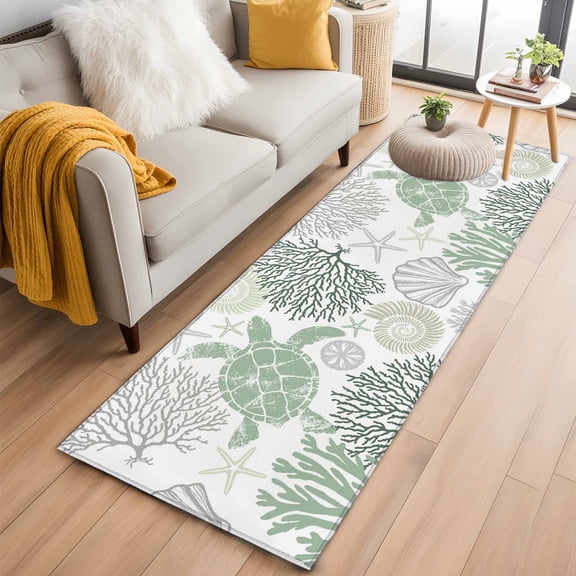 Sage Green Coastal Turtle Kitchen Runner Rug 2x6 Washable Runners for Hallway Non Slip Ocean Coral Nautical Large Area Rug Indoor Floor Carpet for Bathroom Laundry Entryway Bedroom Living Room