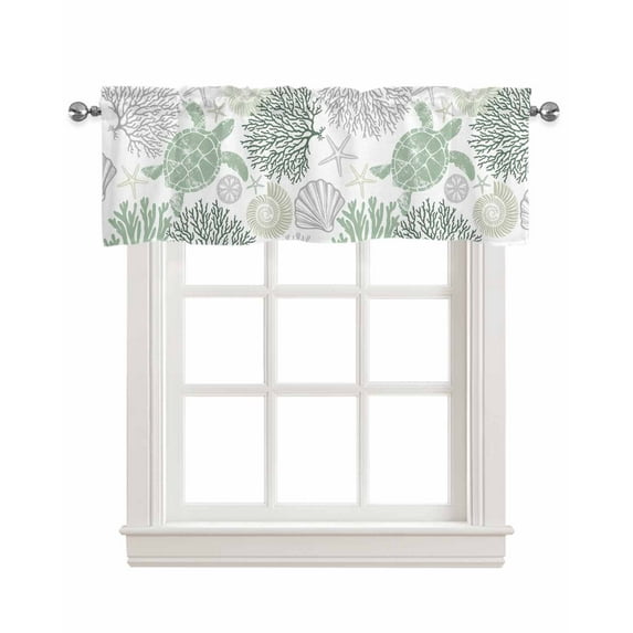 Sage Green Coastal Turtle Kitchen Valances for Windows Farmhouse Linen Window Valance Curtain for Living Room Window Treatment Ocean Coral Nautical Valance Rod Pocket Topper Drape, 42 x 12 Inch