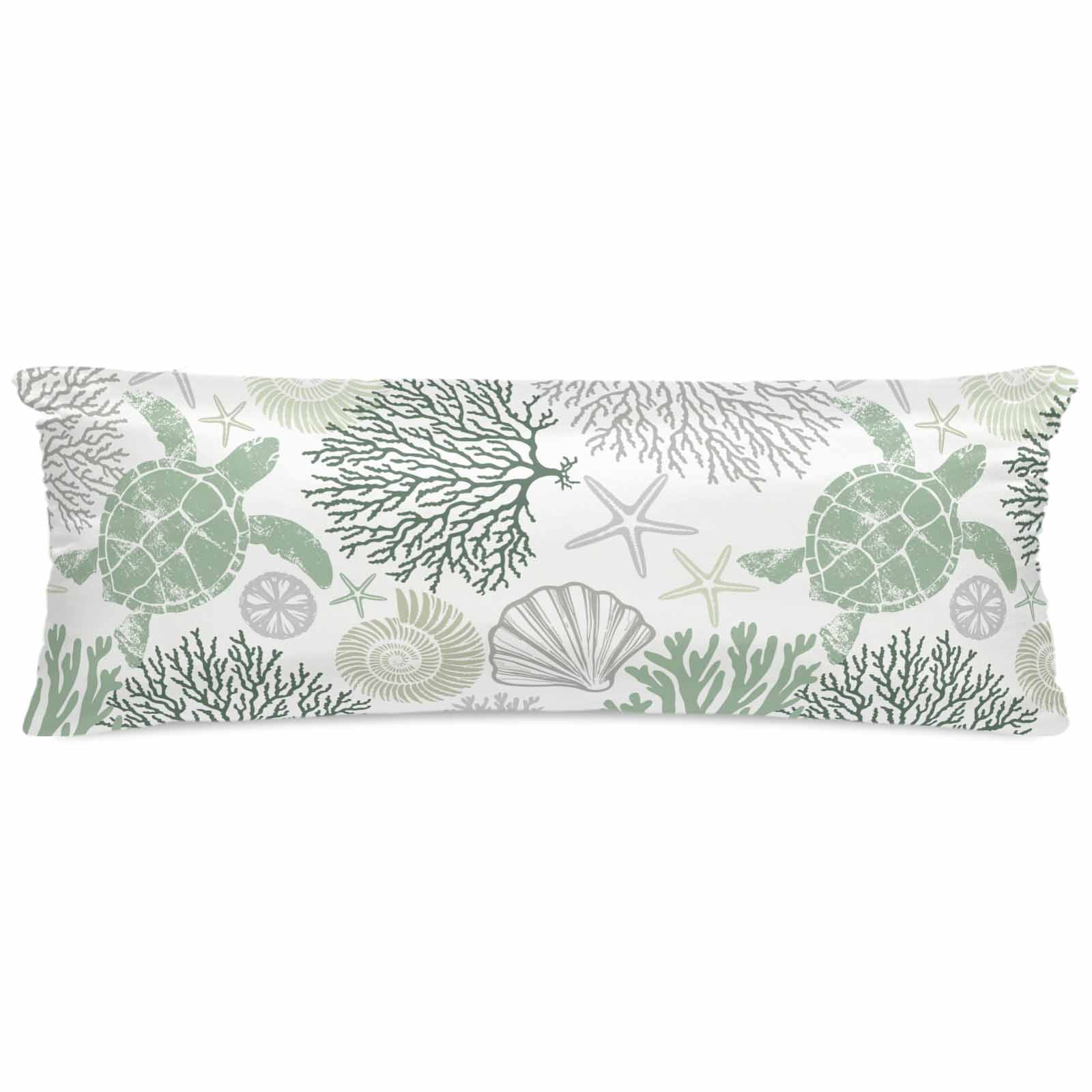 Sage Green Coastal Turtle Pillow Cases Body Size, Smooth Satin Pillowcase for Hair and Skin, Ocean Coral Nautical Decorative Cooling Bed Pillow Covers with Zipper, 20x54 Inches