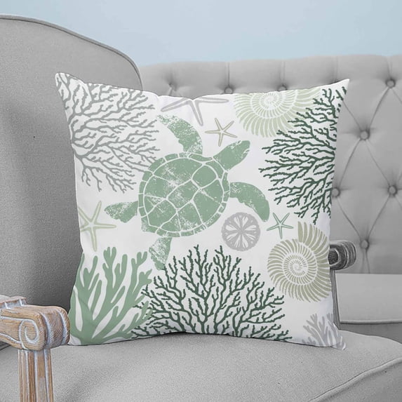 Sage Green Coastal Turtle Throw Pillow Covers, Soft Pillowcases with Invisible Zipper, Ocean Coral Nautical Decorative Square Pillow Cushion Covers for Living Room Couch Sofa Bed 26x26 Inches