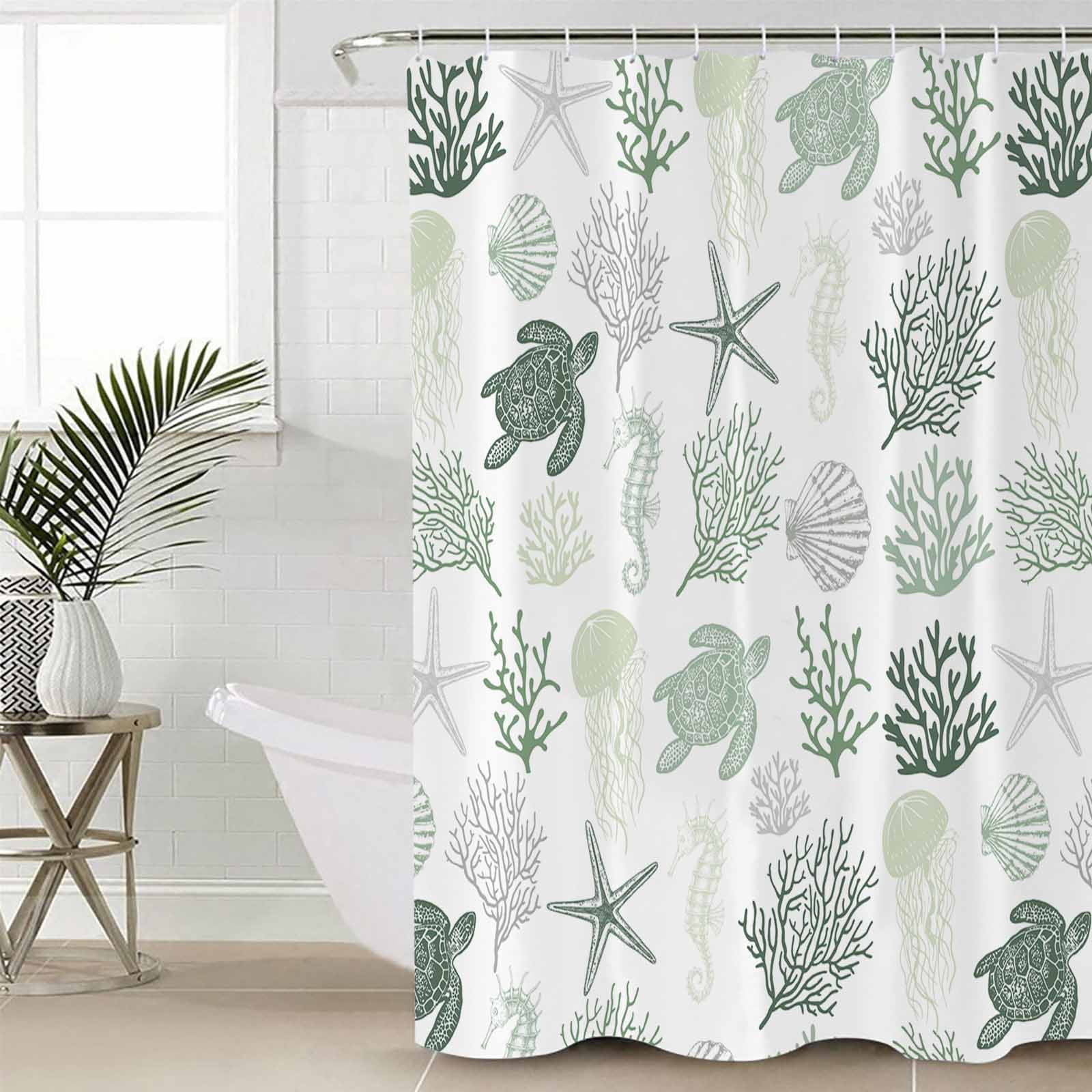 Sage Green Coastal Waterproof Fabric Shower Curtain, Nautical Summer Beach Coral Sea Turtle Shower Curtain for Bathroom Curtains Bathtubs Hotel Washable Shower Curtains with 12 Hooks Long 72x78in