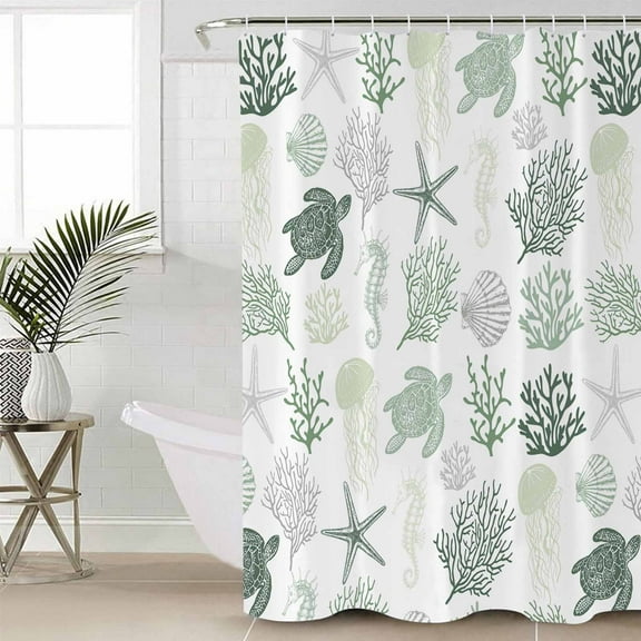 Sage Green Coastal Waterproof Fabric Shower Curtain, Nautical Summer Beach Coral Sea Turtle Shower Curtain for Bathroom Curtains Bathtubs Hotel Washable Shower Curtains with 12 Hooks Standard 72x72