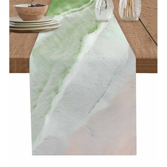 Sage Green Coastal Wave Table Runner 36 Inches, Summer Modern Ocean Beach Bed Runner Dresser Scarves Tabletop for Indoor Outdoor Parties/Ceremony/Banquet, 13"x 36"