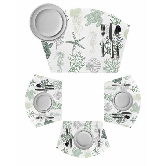 Sage Green Coastal Wedge Shaped Placemats Set of 4, Cotton Linen Fan Place Mats, Nautical Summer Beach Coral Sea Turtle Washable Table Mats for Holiday Wedding Party Dinning Coffee Tables 11.8"x17.5"