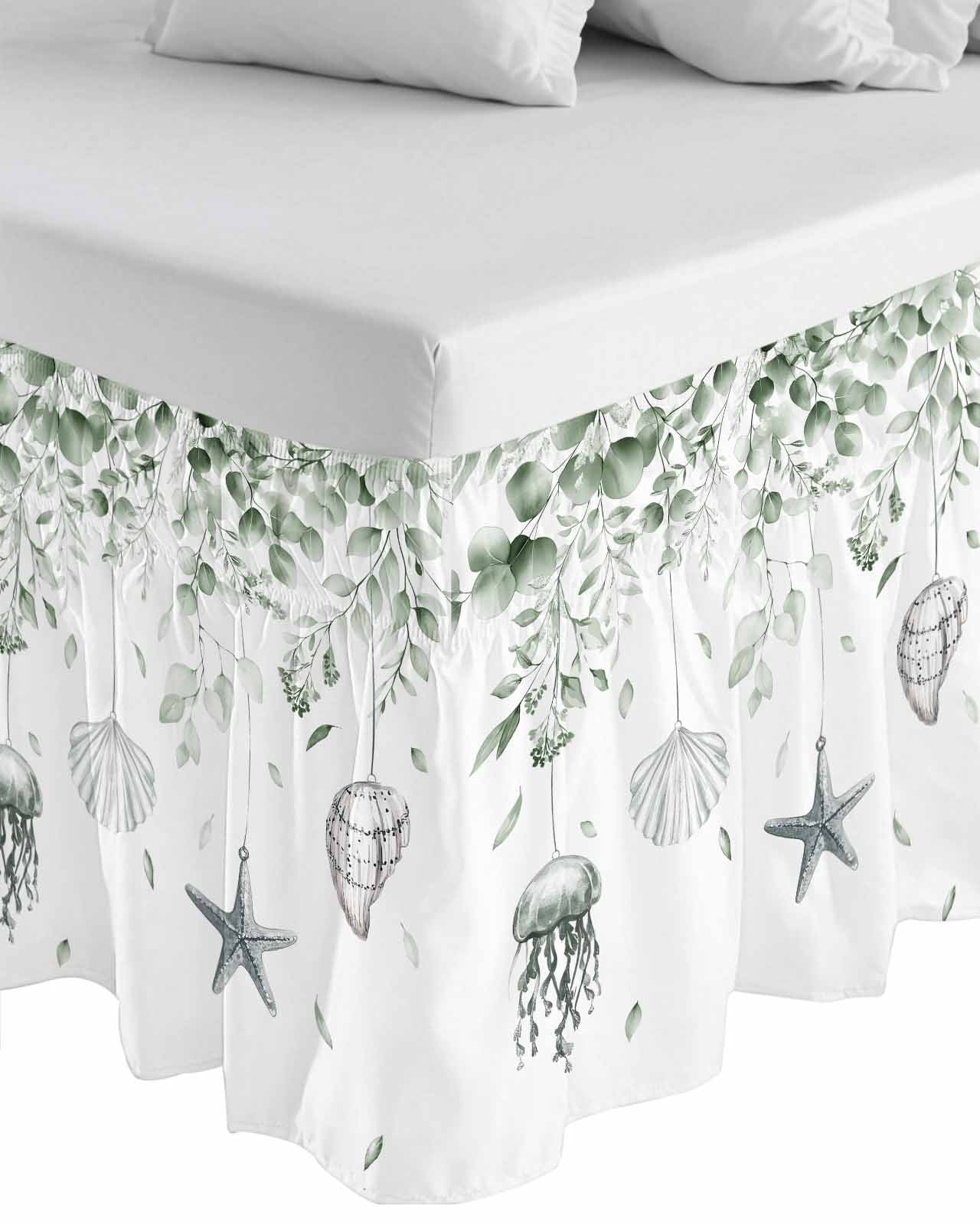Sage Green Coastal Wrap Around Bed Skirts for Queen Bed 18" Drop,Bed Skirt with Adjustable Elastic Belt Dust Ruffle Bed Valance Summer Eucalyptus Leaves Beach Ocean Starfish Conch Bed Frame Cover
