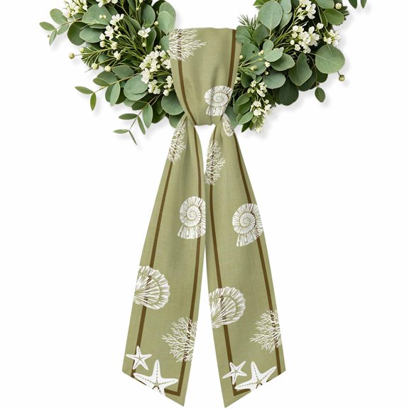 Sage Green Coastal Wreath Sash for Front Door, Square Coral Starfish Beach Wreath Bow Accent for Fall Christmas Holiday Door Decor, Ribbon Sash for Wreaths, Porch Home Decoration
