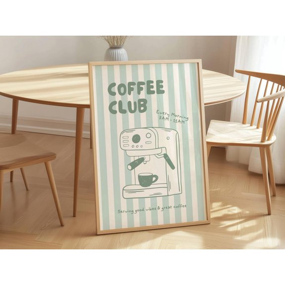 Sage Green Coffee Club Printable Espresso Machine Café Wall Decor Kitchen Art, Unframed Canvas 8x10in
