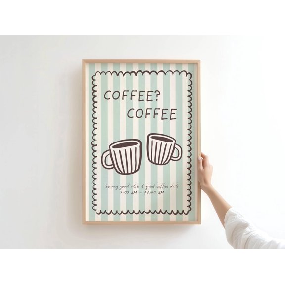 Sage Green Coffee Wall Art Retro Striped Cafe Kitchen Decoration, Unframed Paper Poster 8x10in