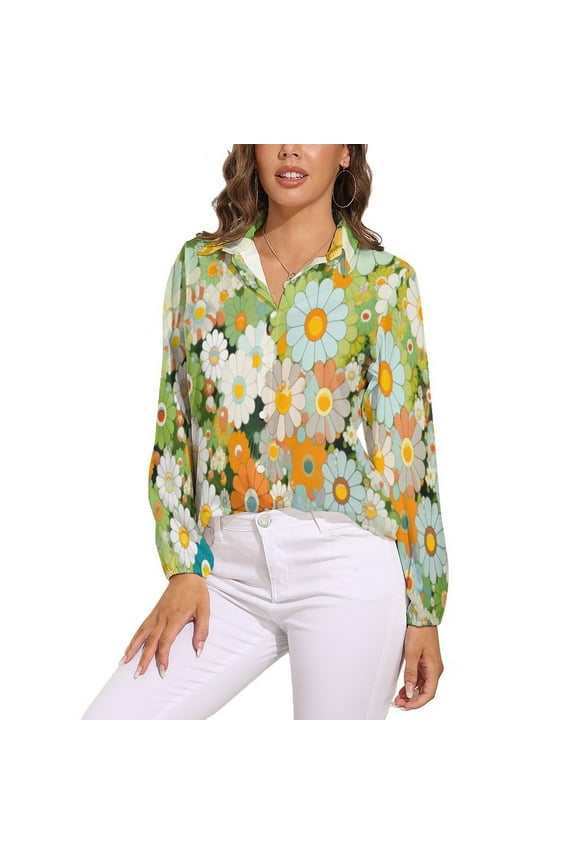 Sage Green Colorful Flower Long Sleeve Blouse Woman Streetwear Casual Shirts Summer Oversize Woman Streetwear Clothing Birthday Present