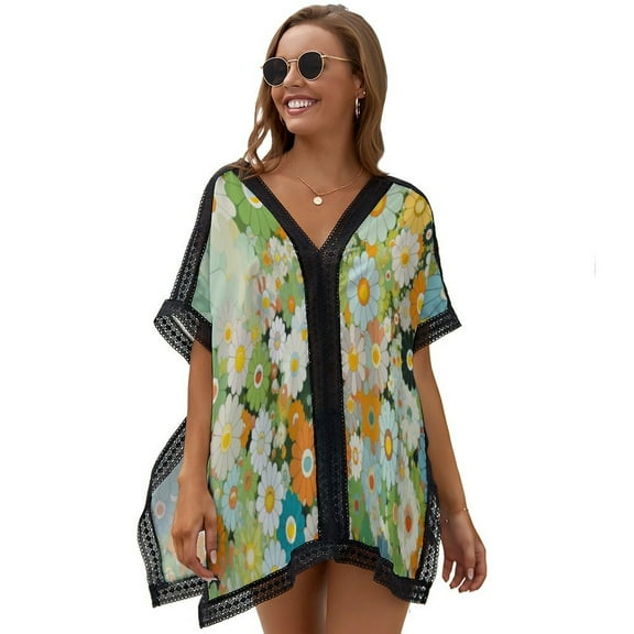 Sage Green Colorful Flower Women's Swimsuit Coverup Summer Beach Cover Up Bathing Suit Dress