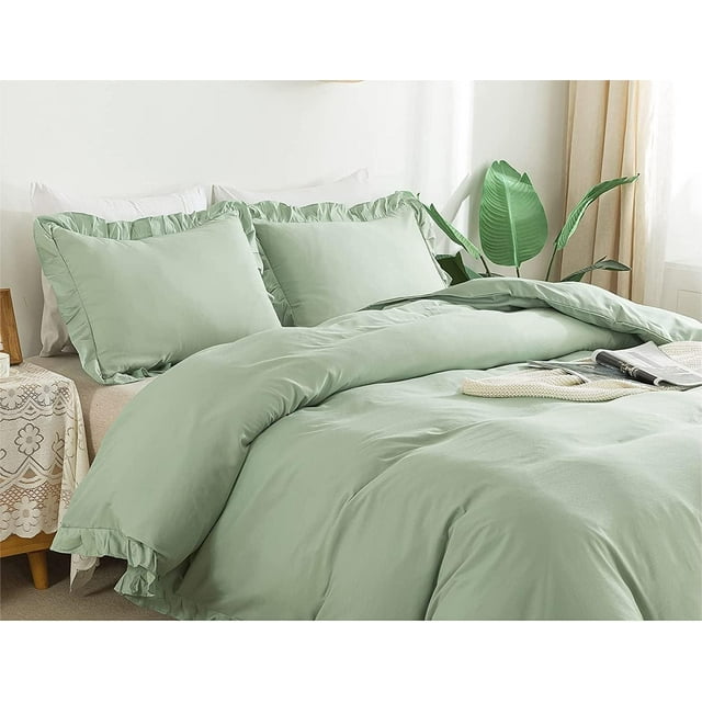 Sage Green Comforter Cover Sets Shabby Chic Ruffle Soft Farmhouse Duvet