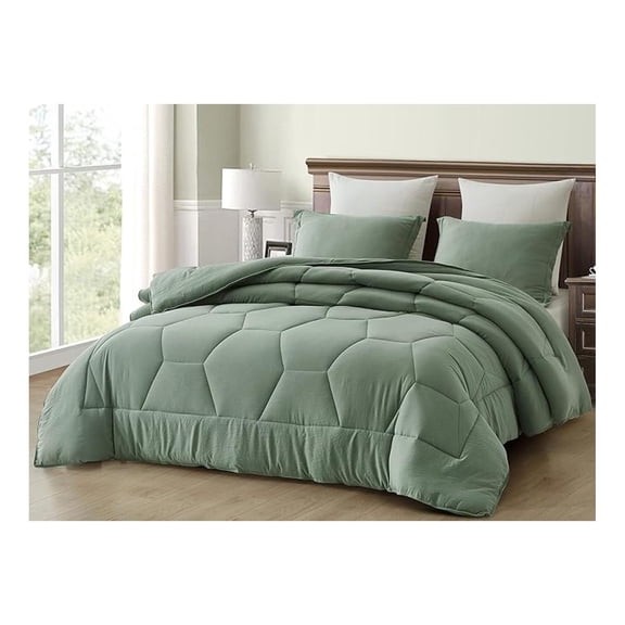 Sage Green Comforter Set Full Size 3-Piece Fluffy Soft Lightweight Bedding Honeycomb Geometric Quilted Stone-Washed Microfiber Comforter Set for All Season