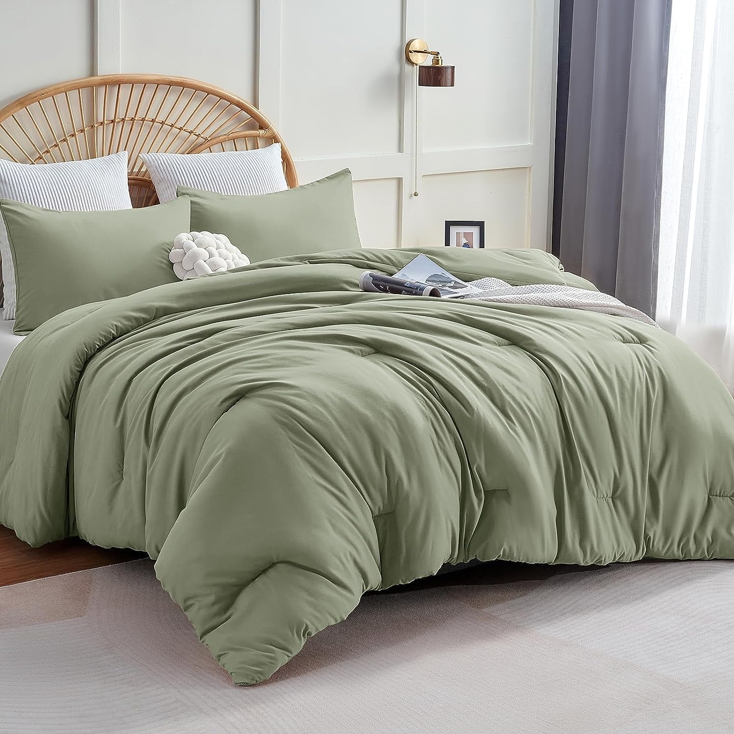 Sage Green Comforter Set Full Size, 3 Pieces Boho Solid Breathable