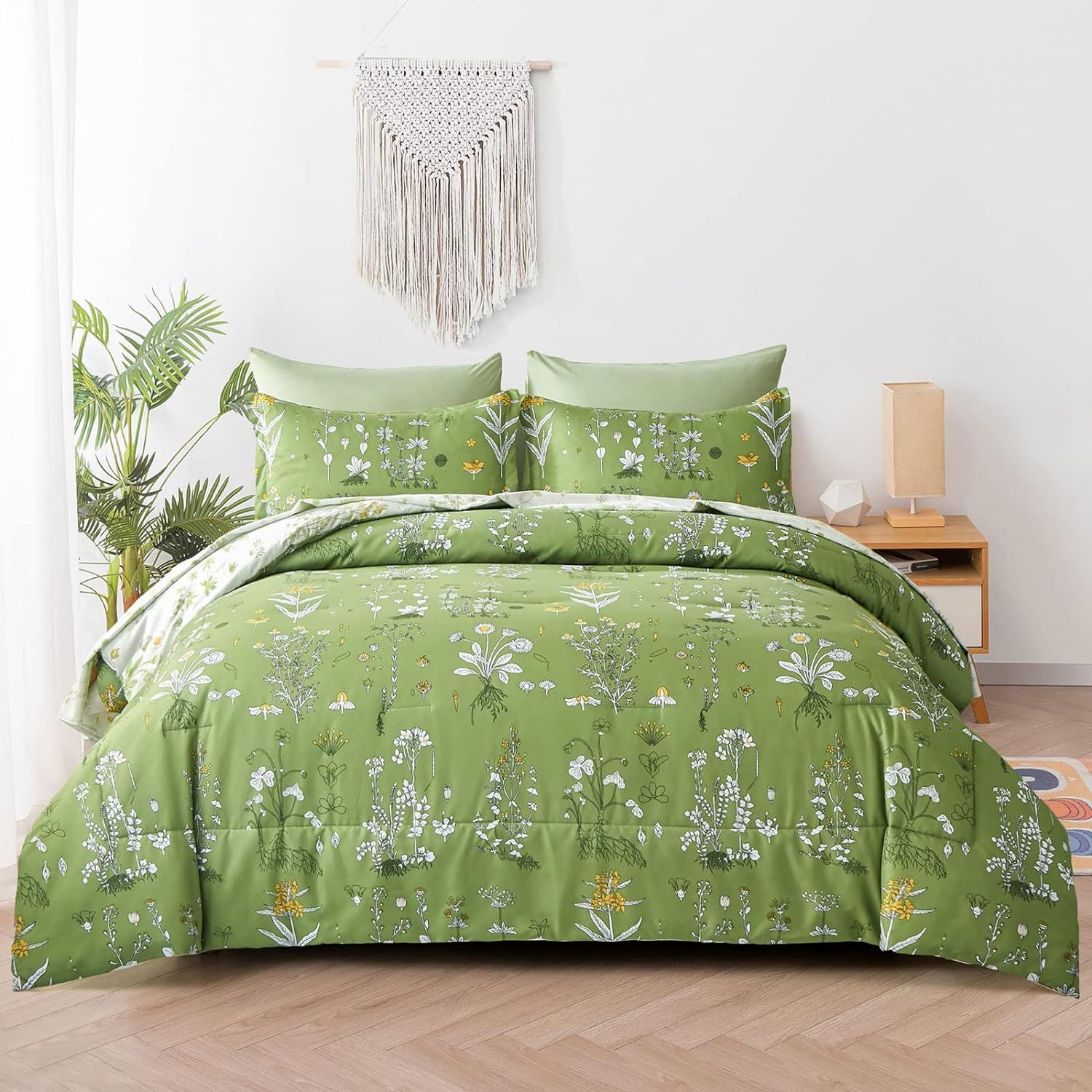 Sage Green Comforter Set Queen,7 Pieces Green Floral Bed in a Bag