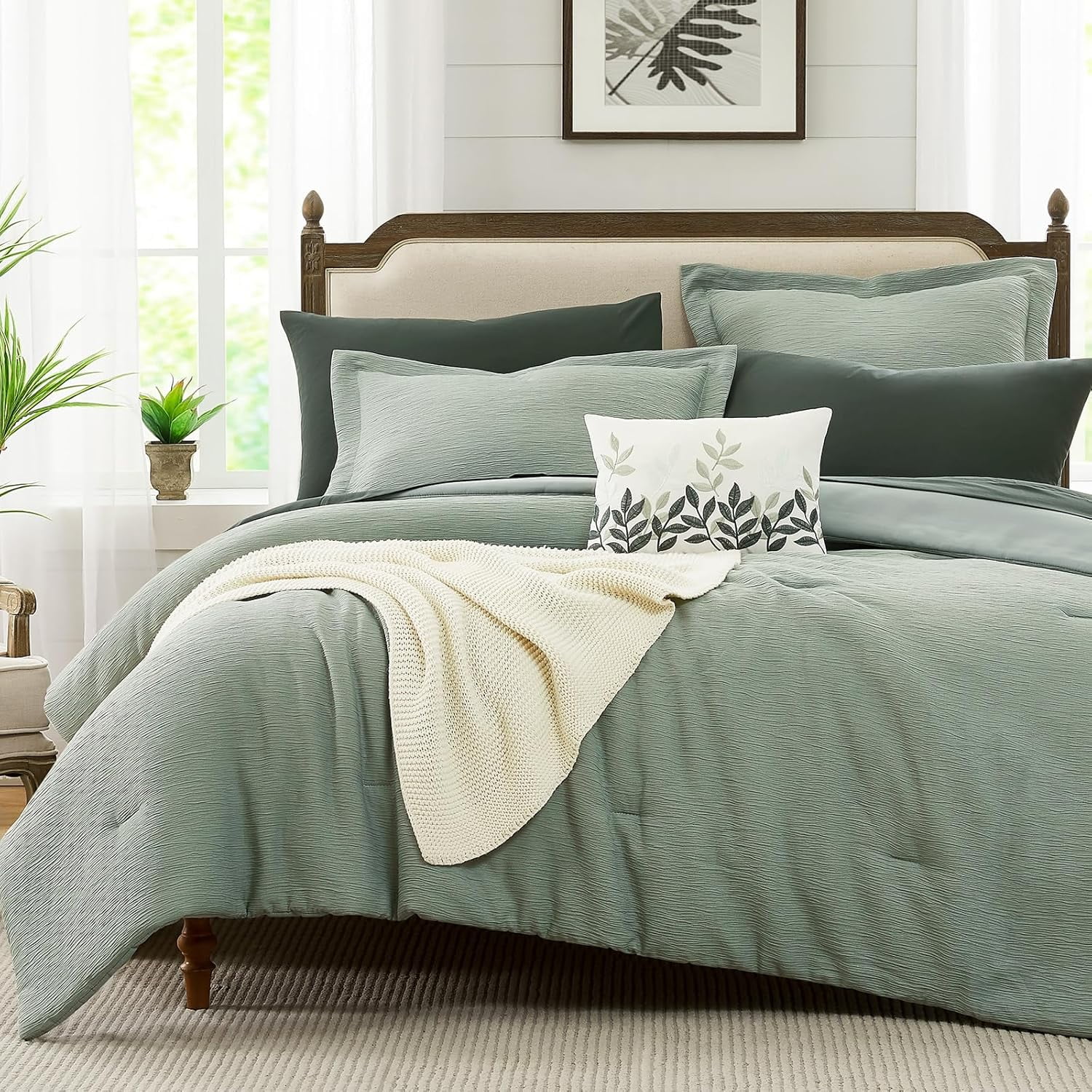 Sage Green Comforter Set Queen Size, Textured Design Minimalist Queen ...