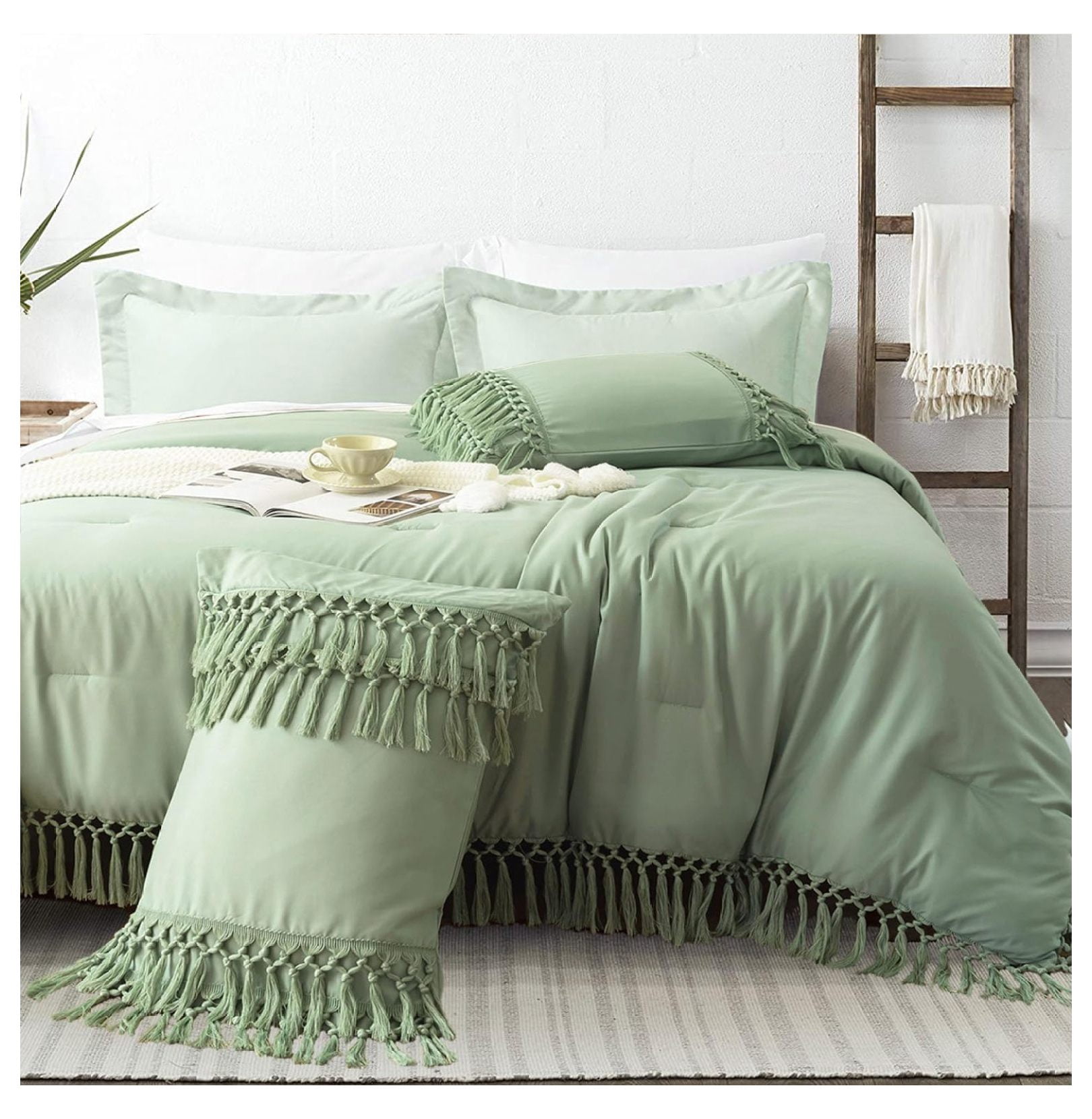 Sage Green Comforter Set Queen Size, Ultra-Soft Boho Farmhouse Bedding ...