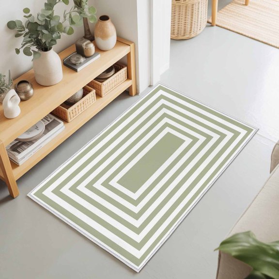 Sage Green Concentric Squares 2'x3' Rug for Entryway Front Door Kitchen Sink Area, Modern Abstract Minimalist Geometric Lines Low Pile Washable Non Slip Rectangle Area Rug for Living Room