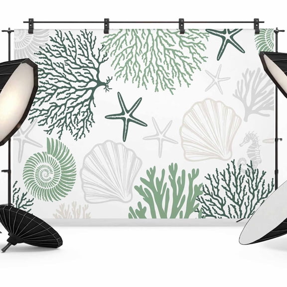 Sage Green Coral Backdrop for Photography, Starfish Seashell Ocean Beach Photo Backdrop Portrait Background Party Banner Photo Backgrounds for Studio Booth Props, 10x8ft