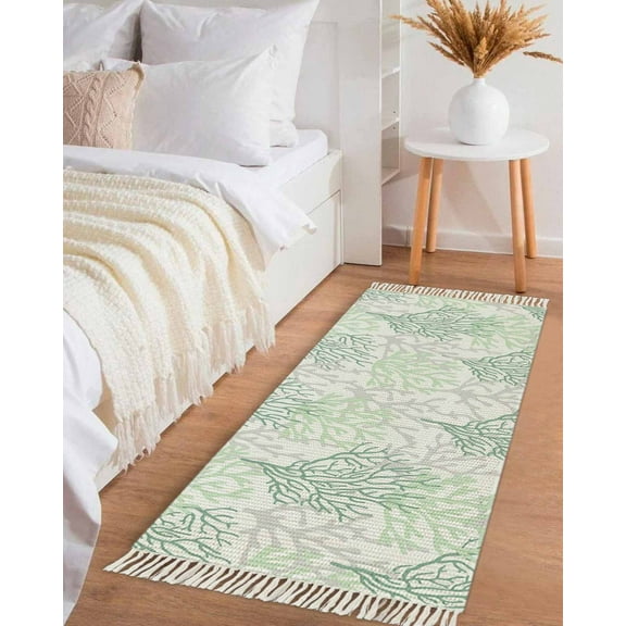 Sage Green Coral Coastal Hallway Runner Rug 2x6ft,Summer Beach Seaside Nautical Washable Woven Living Room Bedroom Kitchen Bathrom Carpet with Tassels,Indoor Outdoor Throw Door Mat for Entryway