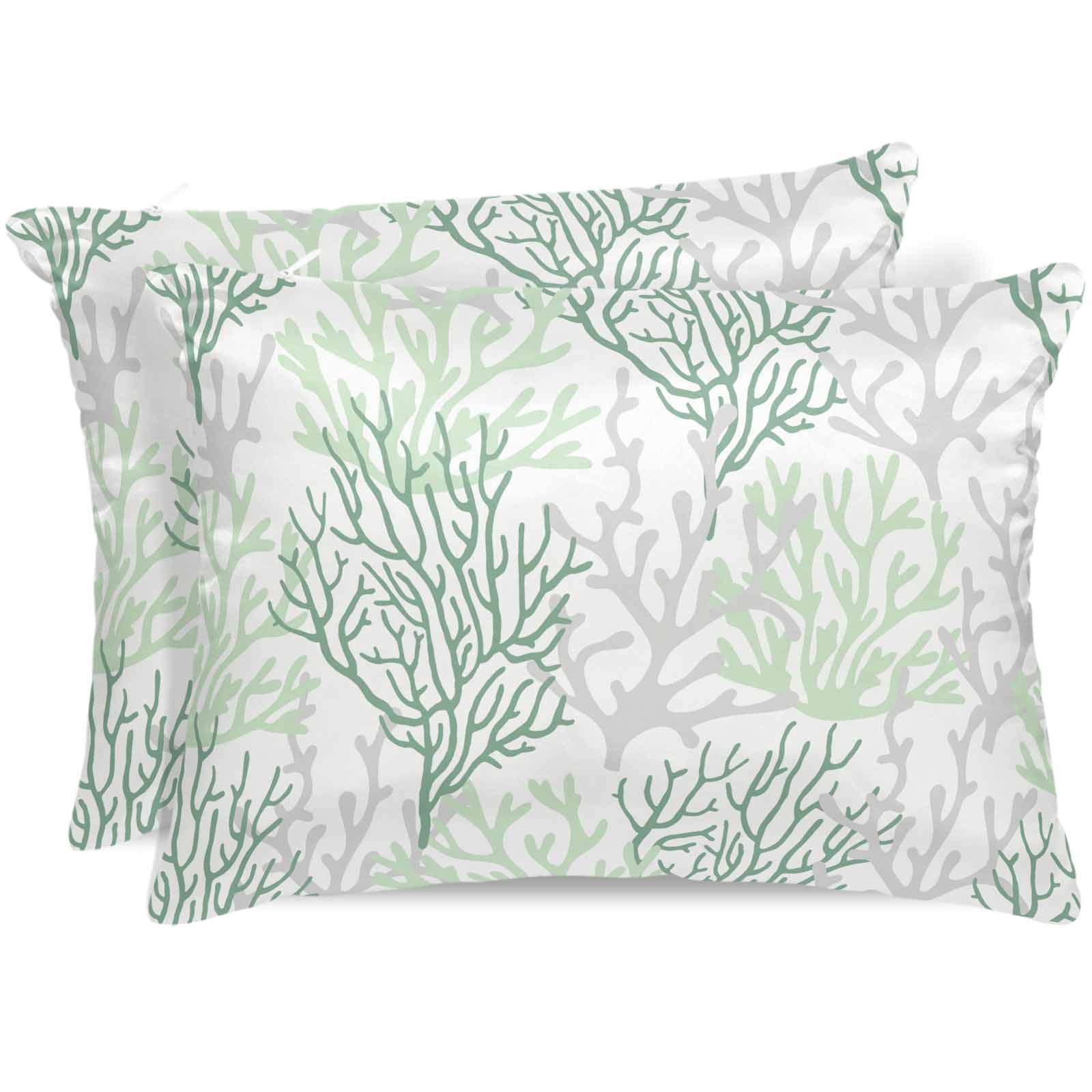 Sage Green Coral Coastal Pillow Cases Queen Size Set of 2, Smooth Satin Pillowcase for Hair and Skin, Summer Beach Seaside Nautical Decorative Cooling Bed Pillow Covers with Zipper, 20x30 Inches