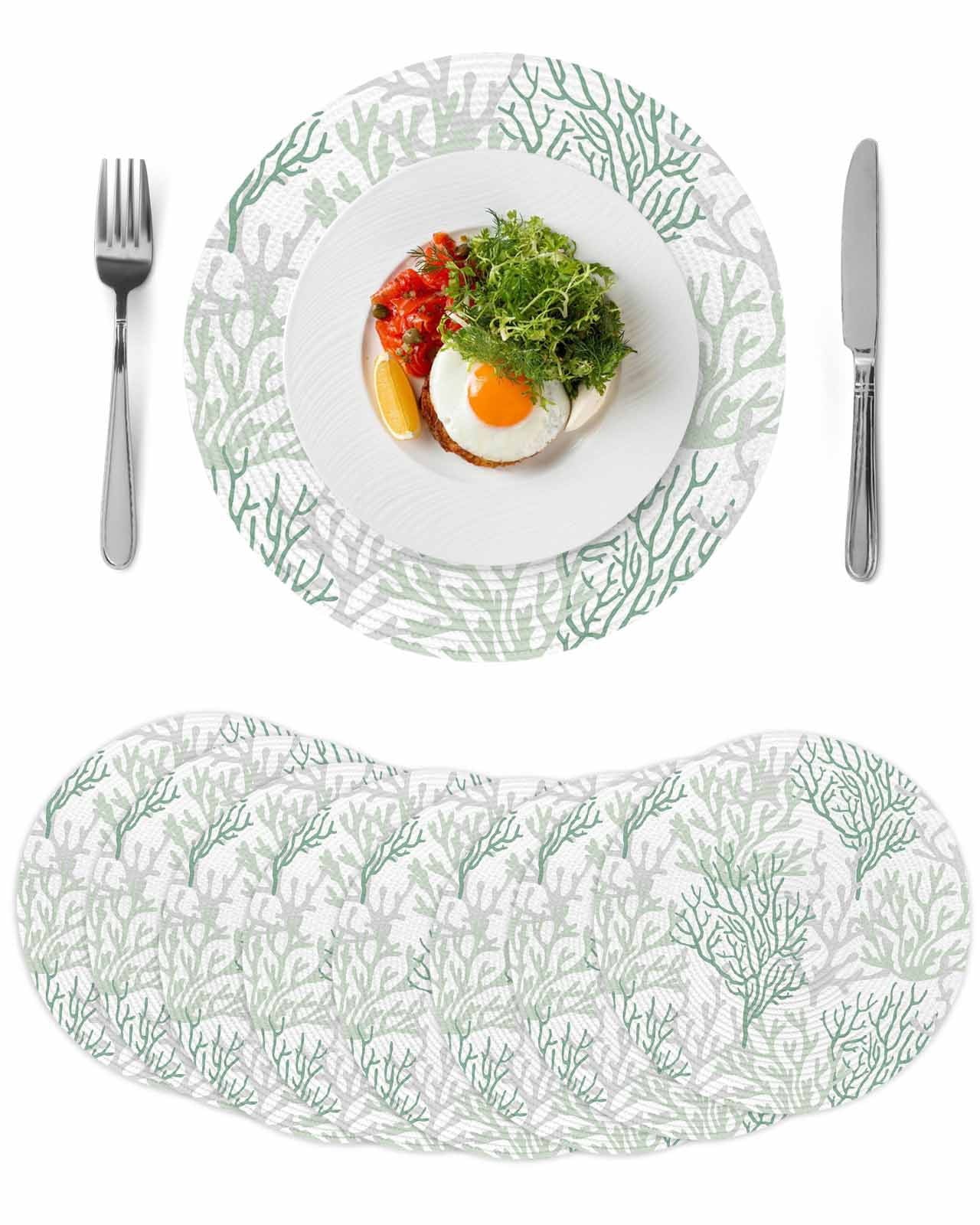Sage Green Coral Coastal Round 13 Inch Placemats Set of 8, Summer Beach ...