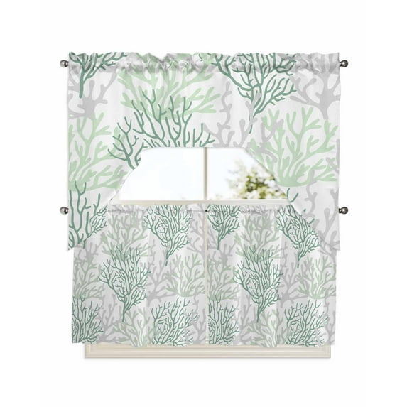 Sage Green Coral Coastal Swag Valance and Tier Curtains 24'' Length Set, Summer Beach Seaside Nautical Light Filtering Kitchen Curtains, Tier Curtain Valances for Bathroom/Living Room/Bedroom/Café
